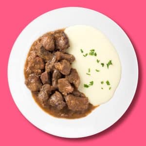 Morcillo de vacuno estofado al vino tinto con puré de patatas casero (270 g.)